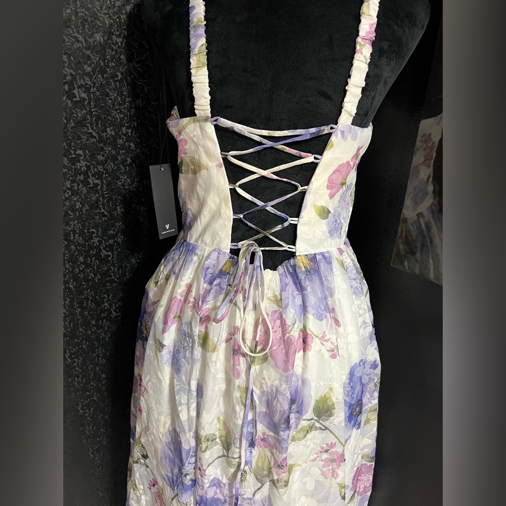 💜LULUS Hillela Ivory Floral Ruffled Lace-Up Midi Skater Dress💜SZ L- NWT - Picture 7 of 16